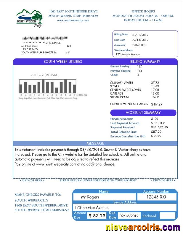 USA South Weber City Utah water utility bill